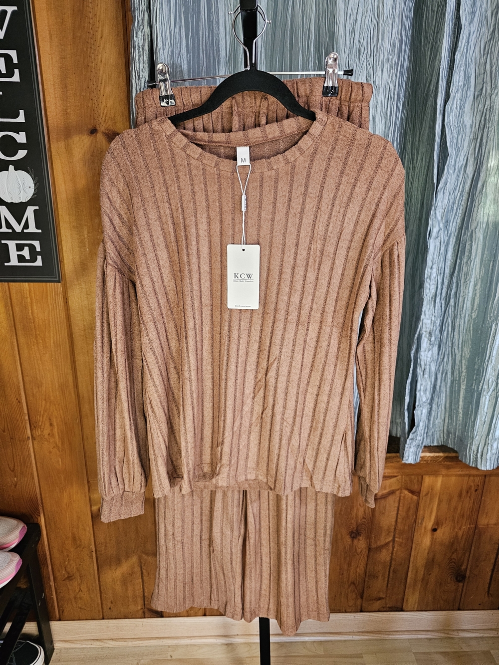 Ribbed Crewneck Pajama Sweater Set in Brown